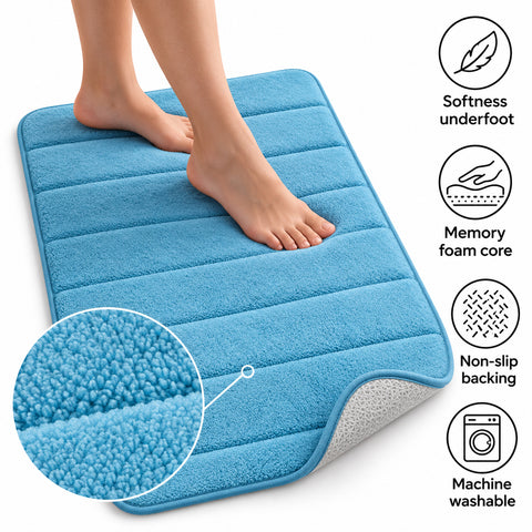 Memory Foam Bath Mats, 3-Pack – Plush Absorbent Bathroom Rugs, Sky Blue or Purple