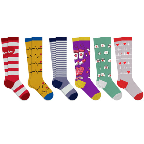 6-Pairs: Medical Prints All Day Wear Knee-High Compression Socks