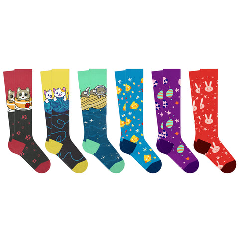 6-Pairs: Fun Expressive Novelty Knee-High Compression Socks