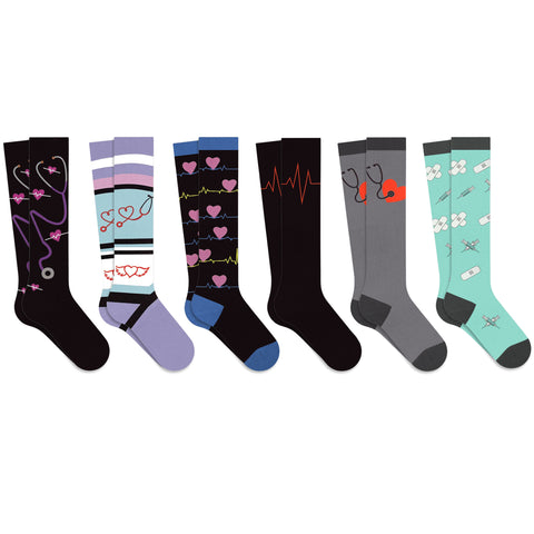 6-Pairs: Medical Prints All Day Wear Knee-High Compression Socks