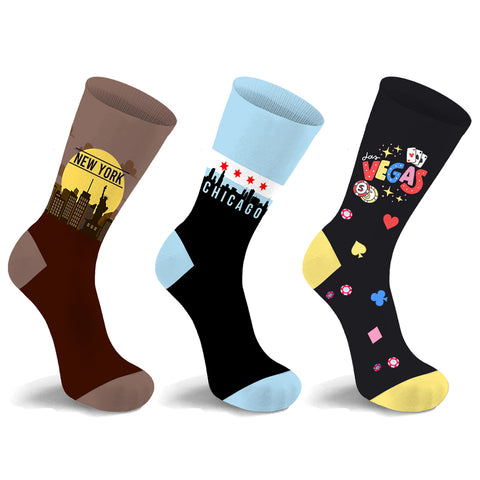 3-Pack: Unisex Cotton City Theme Socks – Comfortable Breathable Everyday Dress Socks