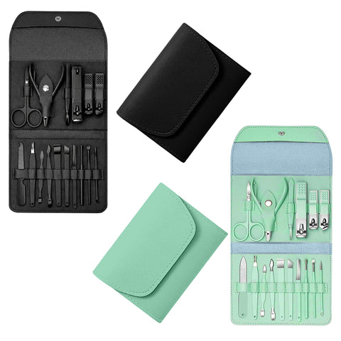 Stainless Steel Professional 16-Piece Manicure, Pedicure & Facial Grooming Kit | 2-Pack with Travel Leather Cases