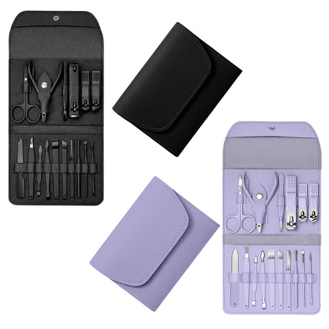 Stainless Steel Professional 16-Piece Manicure, Pedicure & Facial Grooming Kit | 2-Pack with Travel Leather Cases