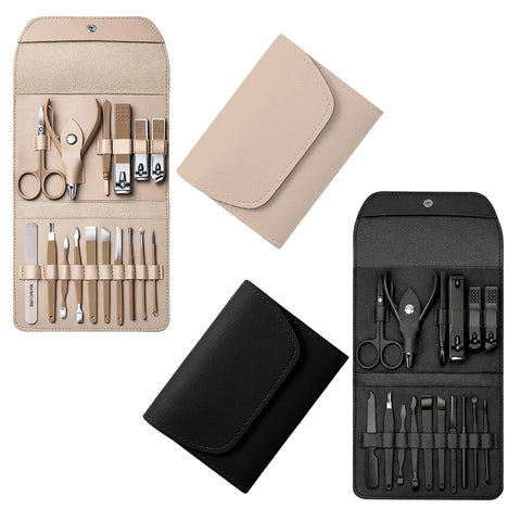 Stainless Steel Professional 16-Piece Manicure, Pedicure & Facial Grooming Kit | 2-Pack with Travel Leather Cases