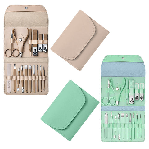 Stainless Steel Professional 16-Piece Manicure, Pedicure & Facial Grooming Kit | 2-Pack with Travel Leather Cases