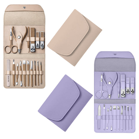 Stainless Steel Professional 16-Piece Manicure, Pedicure & Facial Grooming Kit | 2-Pack with Travel Leather Cases