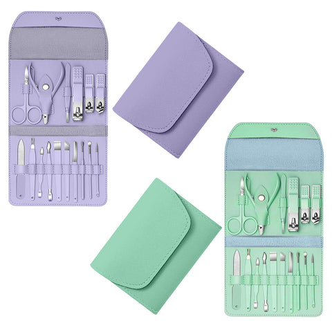 Stainless Steel Professional 16-Piece Manicure, Pedicure & Facial Grooming Kit | 2-Pack with Travel Leather Cases
