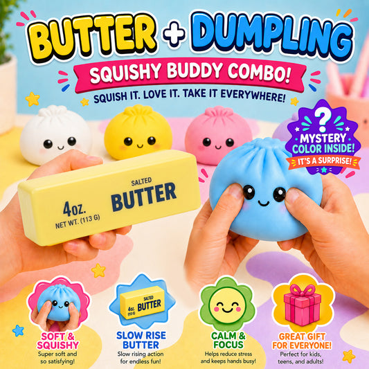 Squishy Dumpling & Butter Squishy Combo Pack – 2-Piece Slow Rising Sensory Stress Relief Fidget Toy Set for Kids, Teens & Adults