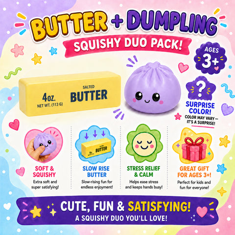 Squishy Dumpling & Butter Squishy Combo Pack – 2-Piece Slow Rising Sensory Stress Relief Fidget Toy Set for Kids, Teens & Adults