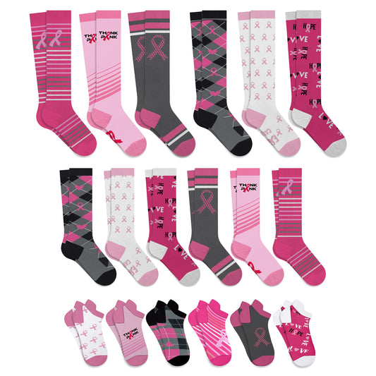 6-Pairs: Breast Cancer Awareness Compression Socks in Knee-High, Ankle or Crew Length