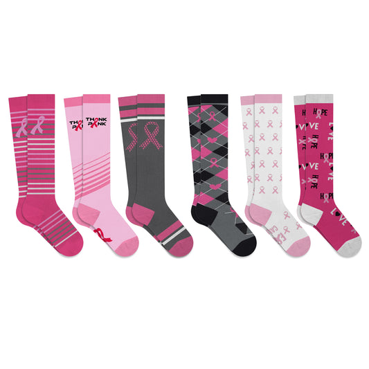 6-Pairs: Breast Cancer Awareness Compression Socks in Knee-High, Ankle or Crew Length