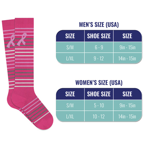 6-Pairs: Breast Cancer Awareness Compression Socks in Knee-High, Ankle or Crew Length