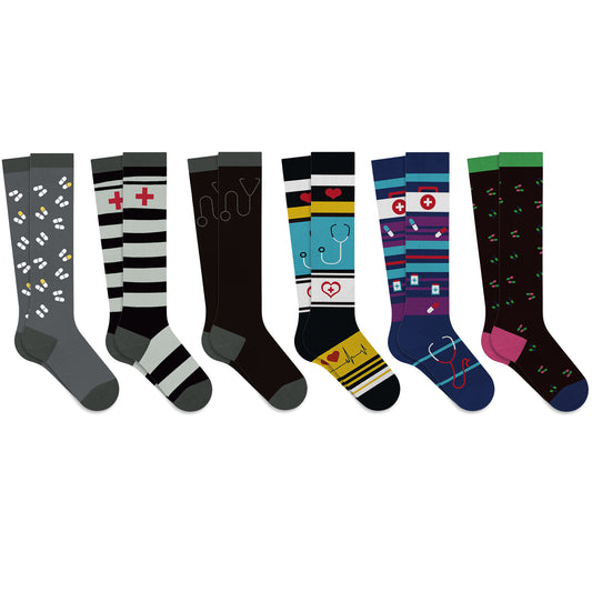 6-Pairs: Medical Prints All Day Wear Knee-High Compression Socks