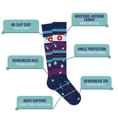 6-Pairs: Medical Prints All Day Wear Knee-High Compression Socks