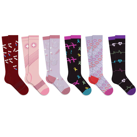 6-Pairs: Medical Prints All Day Wear Knee-High Compression Socks