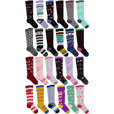 6-Pairs: Medical Prints All Day Wear Knee-High Compression Socks