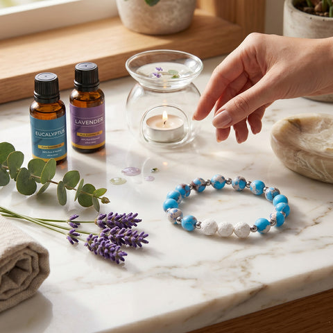 White Lava Stone Aromatherapy Bracelet with 2 Essential Oils – Diffuser Bead Bracelet with Dumbbell Charm (Stretch Fit)