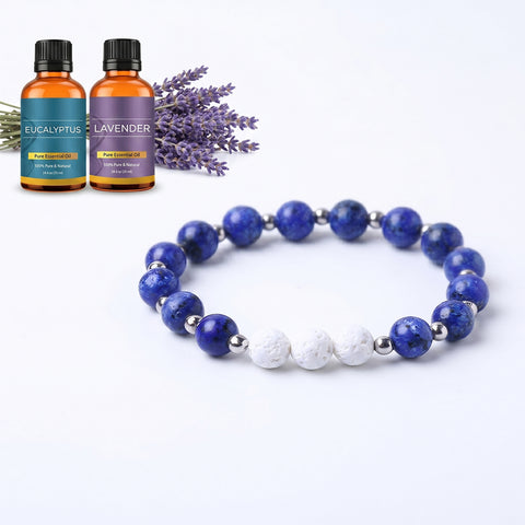 White Lava Stone Aromatherapy Bracelet with 2 Essential Oils – Diffuser Bead Bracelet with Dumbbell Charm (Stretch Fit)