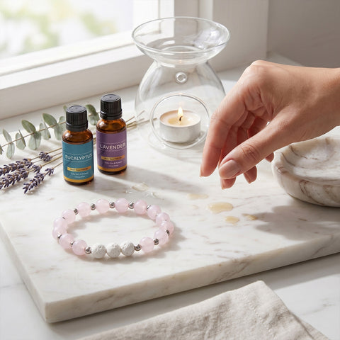 White Lava Stone Aromatherapy Bracelet with 2 Essential Oils – Diffuser Bead Bracelet with Dumbbell Charm (Stretch Fit)