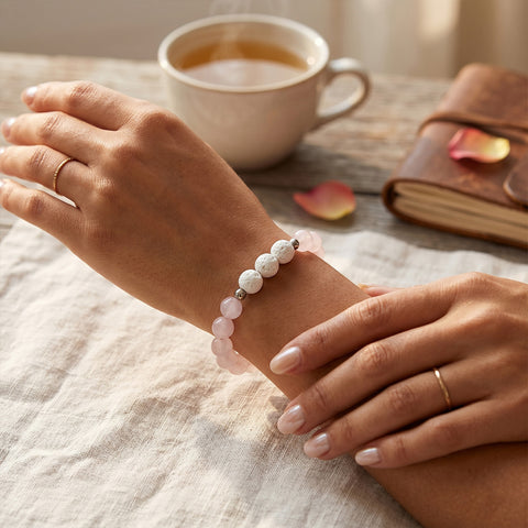 White Lava Stone Aromatherapy Bracelet with 2 Essential Oils – Diffuser Bead Bracelet with Dumbbell Charm (Stretch Fit)