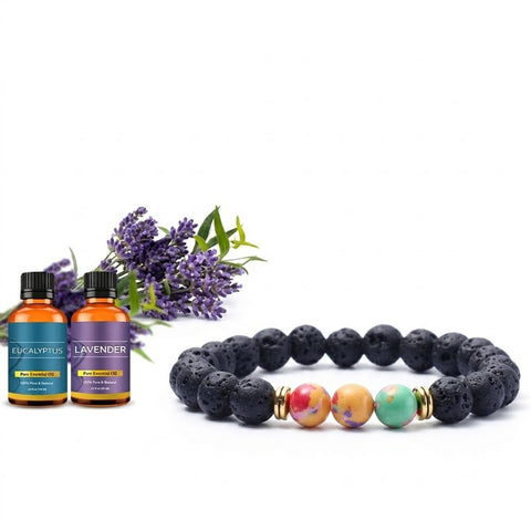 Lava Stone Aromatherapy Bracelet with 2 Essential Oils – Diffuser Bead Bracelet (Golden Jade, Rainbow, Hematite) Stretch Fit