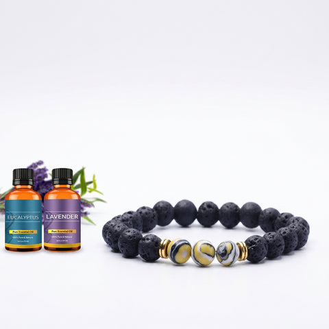 Lava Stone Aromatherapy Bracelet with 2 Essential Oils – Diffuser Bead Bracelet (Golden Jade, Rainbow, Hematite) Stretch Fit