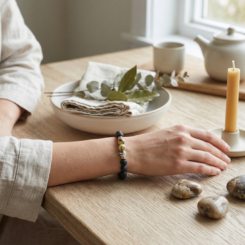 Lava Stone Aromatherapy Bracelet with 2 Essential Oils – Diffuser Bead Bracelet (Golden Jade, Rainbow, Hematite) Stretch Fit