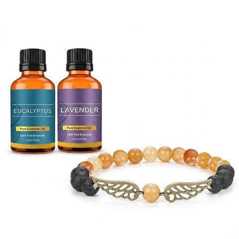 Chakra Lava Stone Aromatherapy Bracelet with 2 Essential Oils – Stretch Diffuser Bead Bracelet (Angel Wings, Love, Faith, Hope)