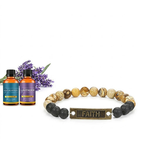 Chakra Lava Stone Aromatherapy Bracelet with 2 Essential Oils – Stretch Diffuser Bead Bracelet (Angel Wings, Love, Faith, Hope)