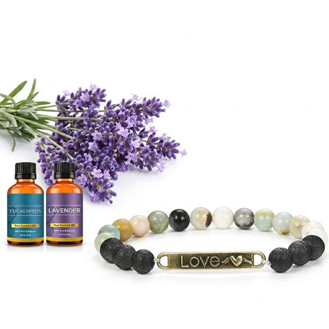 Chakra Lava Stone Aromatherapy Bracelet with 2 Essential Oils – Stretch Diffuser Bead Bracelet (Angel Wings, Love, Faith, Hope)