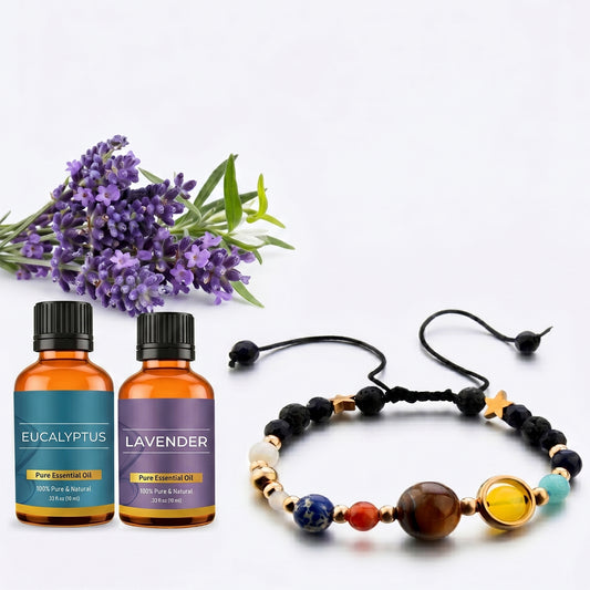 Solar System Lava Stone Aromatherapy Bracelet with 2 Essential Oils – Agate Diffuser Bead Bracelet, Adjustable Fit