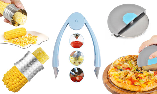 3-Pack: Stainless Steel Premium Pizza Cutter Wheel with Fruit And Vegetable Stem Remover Huller Corer and Corn Cob Cutter And Peeling Ring