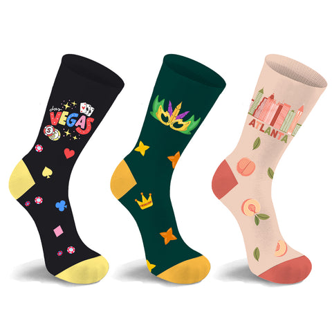 3-Pack: Unisex Cotton City Theme Socks – Comfortable Breathable Everyday Dress Socks