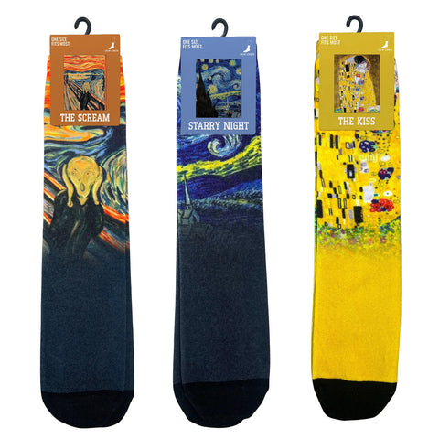 3-Pack: Crew Length Art Inspired Cotton Blend Socks for Men & Women