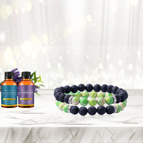 Lava Stone Aromatherapy Bracelet Set (2-Pack) with 2 Essential Oils – Diffuser Bead Bracelets for Relaxation & Everyday Wear
