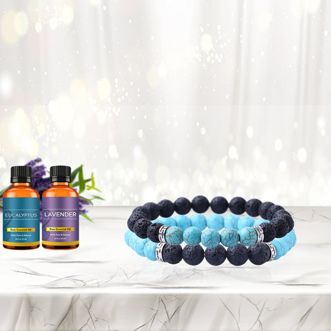 Lava Stone Aromatherapy Bracelet Set (2-Pack) with 2 Essential Oils – Diffuser Bead Bracelets for Relaxation & Everyday Wear