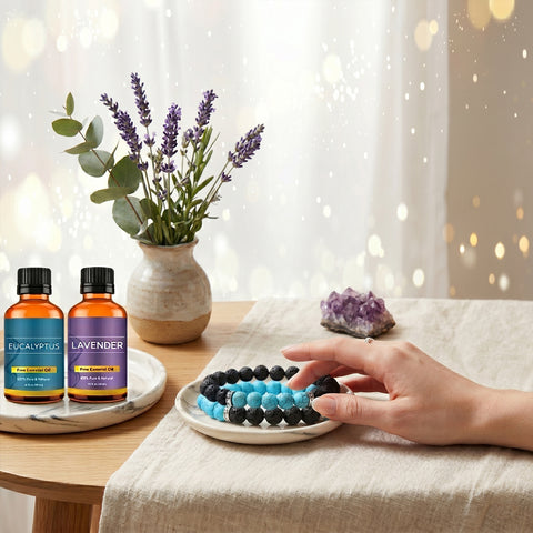 Lava Stone Aromatherapy Bracelet Set (2-Pack) with 2 Essential Oils – Diffuser Bead Bracelets for Relaxation & Everyday Wear