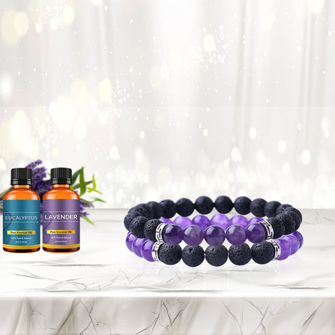 Lava Stone Aromatherapy Bracelet Set (2-Pack) with 2 Essential Oils – Diffuser Bead Bracelets for Relaxation & Everyday Wear