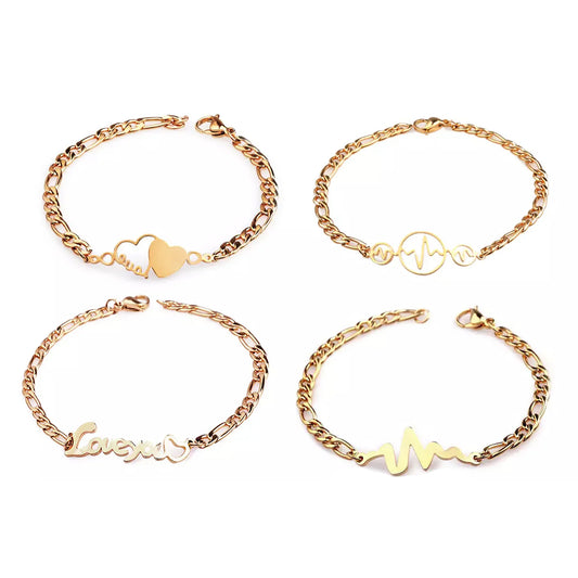 Gold Plated Stainless Steel Heart Bracelet for Women – Love & Heartbeat Link Bracelet with Lobster Clasp (8” Length)