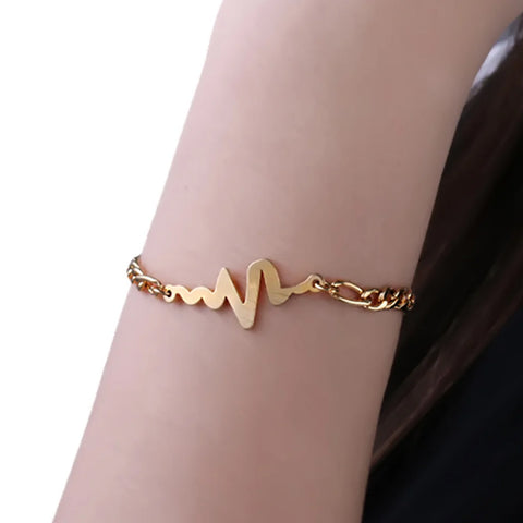 Gold Plated Stainless Steel Heart Bracelet for Women – Love & Heartbeat Link Bracelet with Lobster Clasp (8” Length)