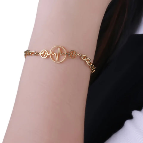 Gold Plated Stainless Steel Heart Bracelet for Women – Love & Heartbeat Link Bracelet with Lobster Clasp (8” Length)