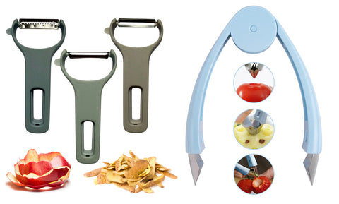 4-Pack: Fruit And Vegetable Stem Remover Strawberry Tomato Potato Pineapple Carrot Huller Corer and  Fruits Vegetable Stainless Peelers