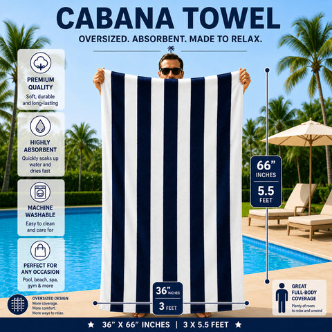 Cabana Terry Cloth Stripe Beach & Bath Towels 80% Cotton, 20% Polyester | Available in 2-Pack, 4-Pack & 6-Pack | 36" x 66"