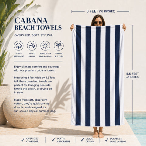 Cabana Terry Cloth Stripe Beach & Bath Towels 80% Cotton, 20% Polyester | Available in 2-Pack, 4-Pack & 6-Pack | 36" x 66"