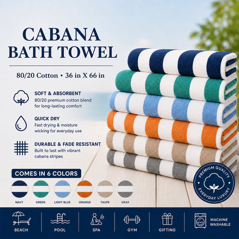 Cabana Terry Cloth Stripe Beach & Bath Towels 80% Cotton, 20% Polyester | Available in 2-Pack, 4-Pack & 6-Pack | 36" x 66"