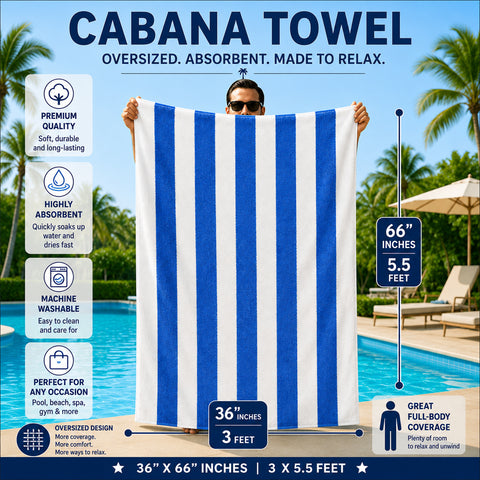 Cabana Terry Cloth Stripe Beach & Bath Towels 80% Cotton, 20% Polyester | Available in 2-Pack, 4-Pack & 6-Pack | 36" x 66"