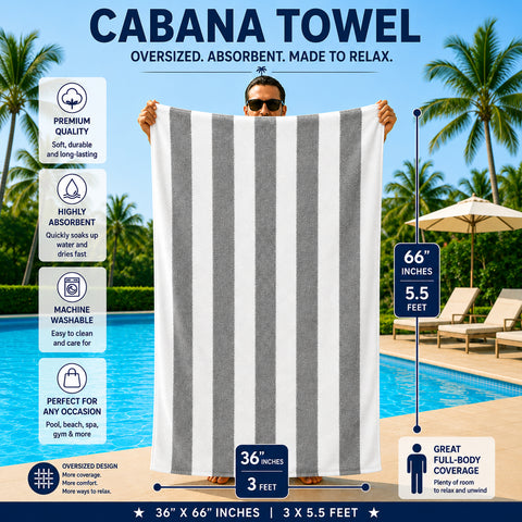 Cabana Terry Cloth Stripe Beach & Bath Towels 80% Cotton, 20% Polyester | Available in 2-Pack, 4-Pack & 6-Pack | 36" x 66"