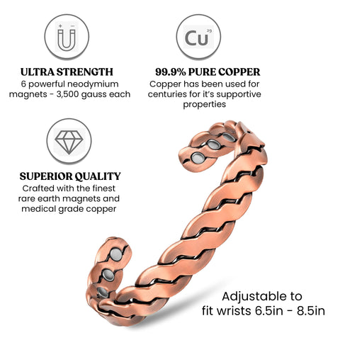 Adjustable Copper Cuff Bracelet for Men & Women – Twisted Design Magnetic Bangle, Comfort Fit (6.5”–8.75”)