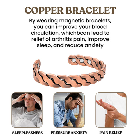 Adjustable Copper Cuff Bracelet for Men & Women – Twisted Design Magnetic Bangle, Comfort Fit (6.5”–8.75”)