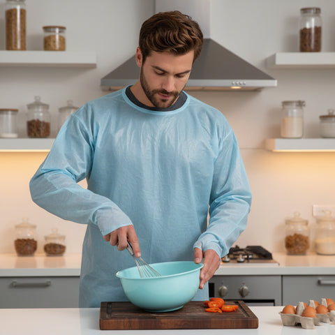 10-Pack Kitchen Disposable Protective Gowns – Water & Fire-Resistant PE with Back Ties and Thumb Loops (One Size)